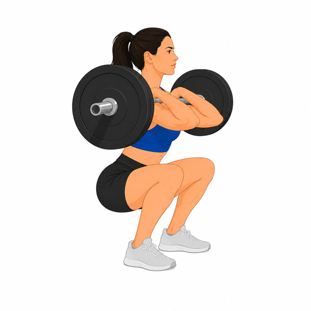 Illustration of a front squat with a barbell in the front rack position