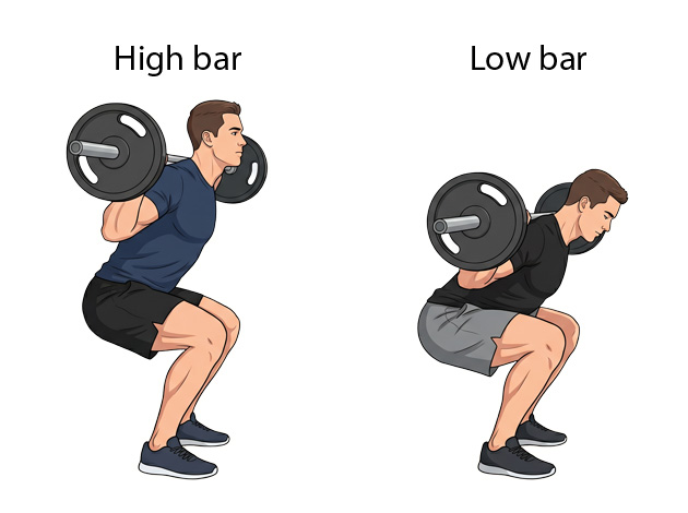 Illustration comparing high bar squat and low bar squat positions