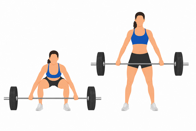 Illustration showing the start and end position of the snatch grip deadlift
